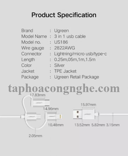 Ugreen 30783 0.5M màu Đen Cáp sạc đa năng USB sang TypeC + Micro + Lightning US186 30030783